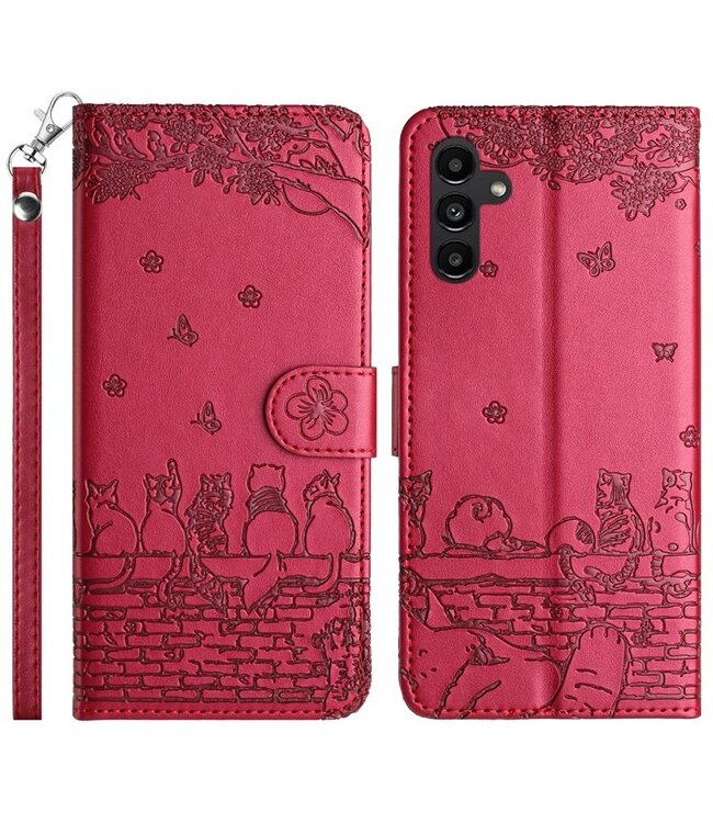 SoFetch Rood Kersenbloesem kat Bookcase Hoesje voor de Samsung Galaxy A15 5G
