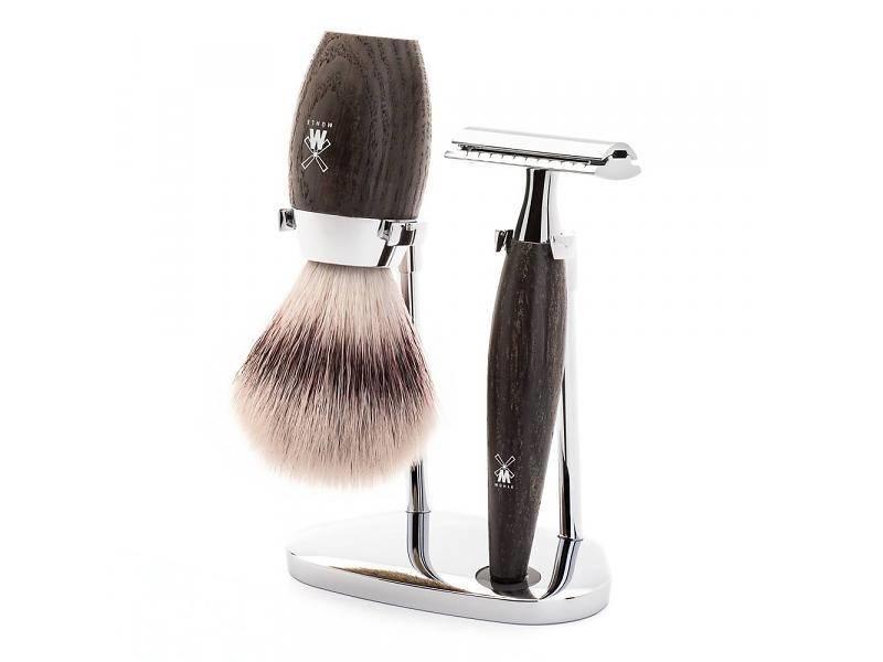 Muhle Kosmo scheerset in bog oak - safety razor - kwast silvertip fibre