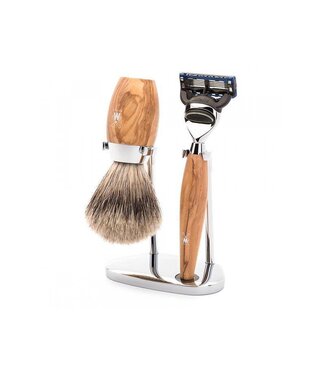 Muhle Kosmo scheerset in olijfhout - Gillette® Fusion5™ - kwast silvertip dassenhaar