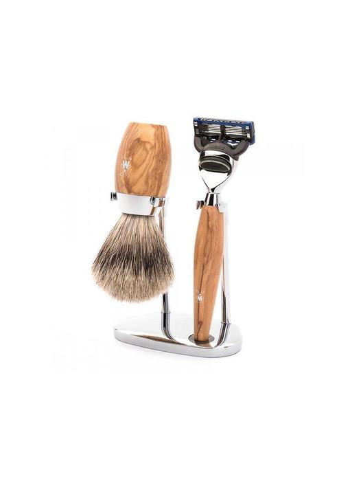 Muhle Kosmo scheerset in olijfhout - Gillette® Fusion5™ - kwast silvertip dassenhaar