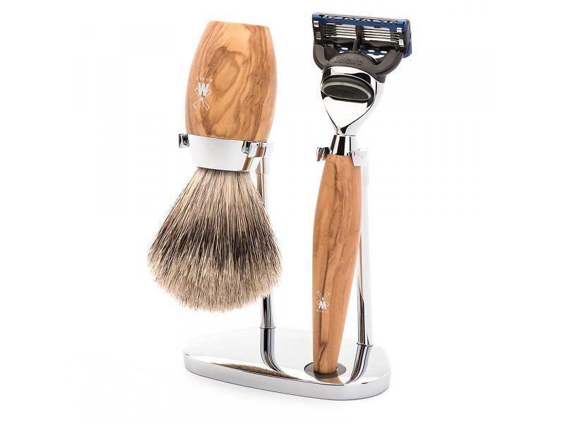 Muhle Kosmo scheerset in olijfhout - Gillette® Fusion5™ - kwast silvertip dassenhaar