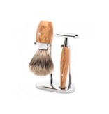 Muhle Kosmo scheerset in olijfhout - safety razor - kwast silvertip dassenhaar