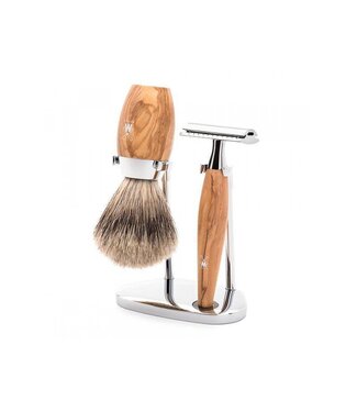 Muhle Kosmo scheerset in olijfhout - safety razor - kwast silvertip dassenhaar