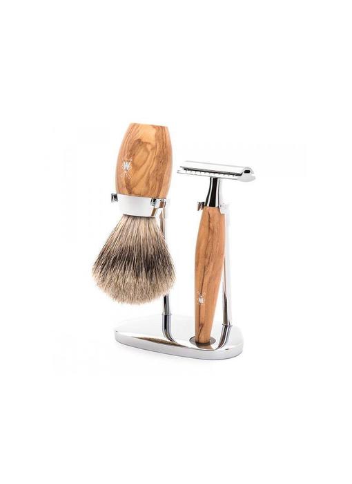 Muhle Kosmo scheerset in olijfhout - safety razor - kwast silvertip dassenhaar