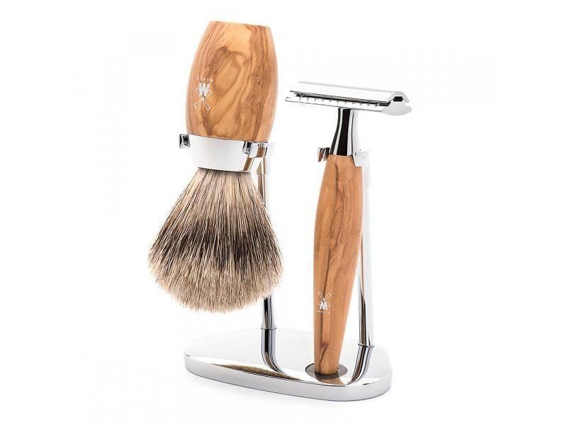 Muhle Kosmo scheerset in olijfhout - safety razor - kwast silvertip dassenhaar