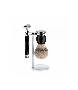 Muhle Sophist scheerset in zwart edelhars - safety razor - kwast silvertip dassenhaar