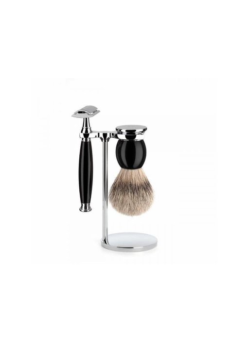 Muhle Sophist scheerset in zwart edelhars - safety razor - kwast silvertip dassenhaar