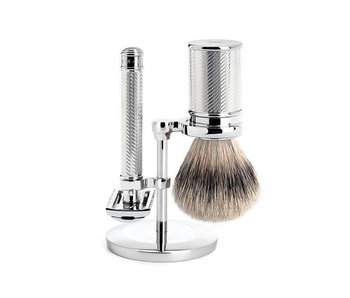 Muhle Traditional scheerset in chroom - safety razor - kwast silvertip dassenhaar