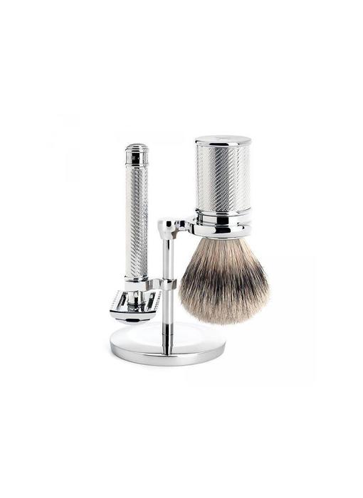 Muhle Traditional scheerset in chroom - safety razor - kwast silvertip dassenhaar