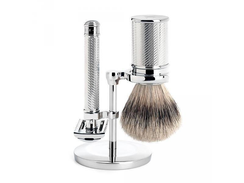 Muhle Traditional scheerset in chroom - safety razor - kwast silvertip dassenhaar