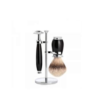 Muhle Purist scheerset in zwart edelhars - safety razor - kwast silvertip dassenhaar