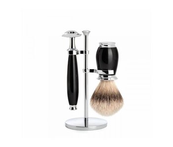 Muhle Purist scheerset in zwart edelhars - safety razor - kwast silvertip dassenhaar