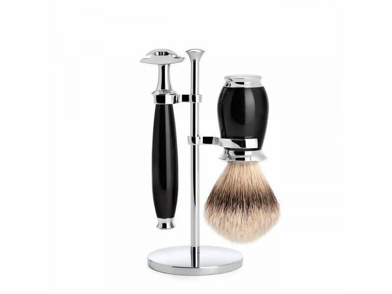 Muhle Purist scheerset in zwart edelhars - safety razor - kwast silvertip dassenhaar