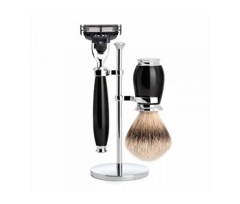 Muhle Purist scheerset in zwart edelhars - Gillette® Mach3® - kwast silvertip dassenhaar