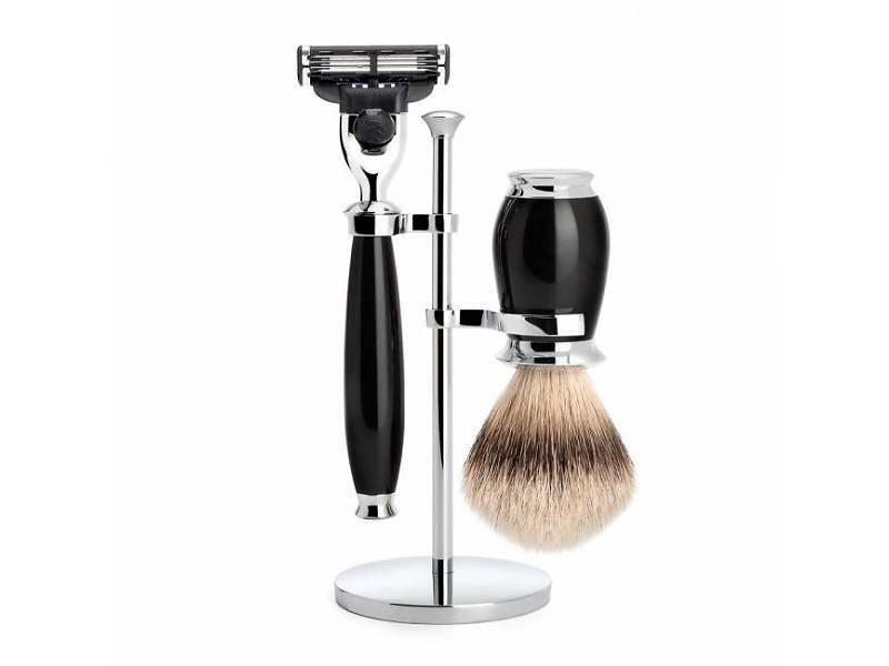 Muhle Purist scheerset in zwart edelhars - Gillette® Mach3® - kwast silvertip dassenhaar