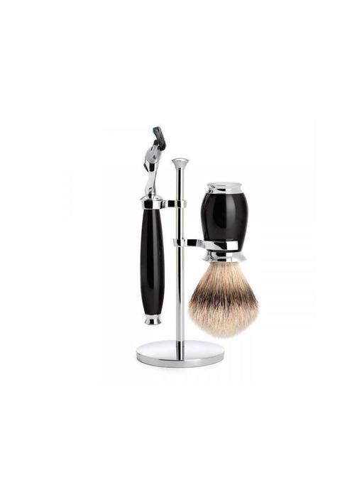 Muhle Purist scheerset in zwart edelhars - Gillette® Fusion5™ - kwast silvertip dassenhaar