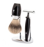 Muhle Kosmo scheerset in zwart edelhars - safety razor - kwast silvertip dassenhaar