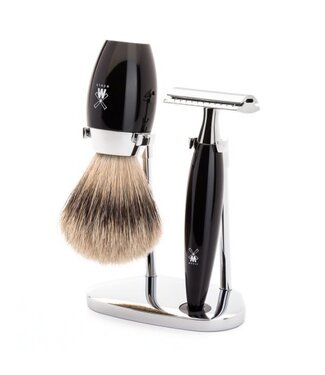 Muhle Kosmo scheerset in zwart edelhars - safety razor - kwast silvertip dassenhaar