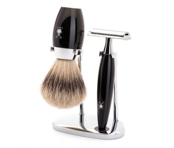 Muhle Kosmo scheerset in zwart edelhars - safety razor - kwast silvertip dassenhaar