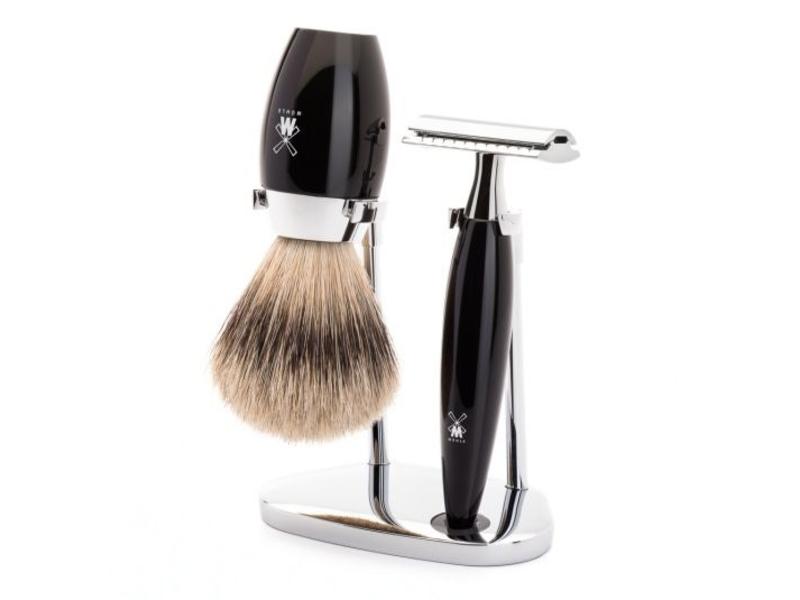 Muhle Kosmo scheerset in zwart edelhars - safety razor - kwast silvertip dassenhaar