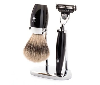 Muhle Kosmo scheerset in zwart edelhars - Gillette® Mach3® - kwast silvertip dassenhaar