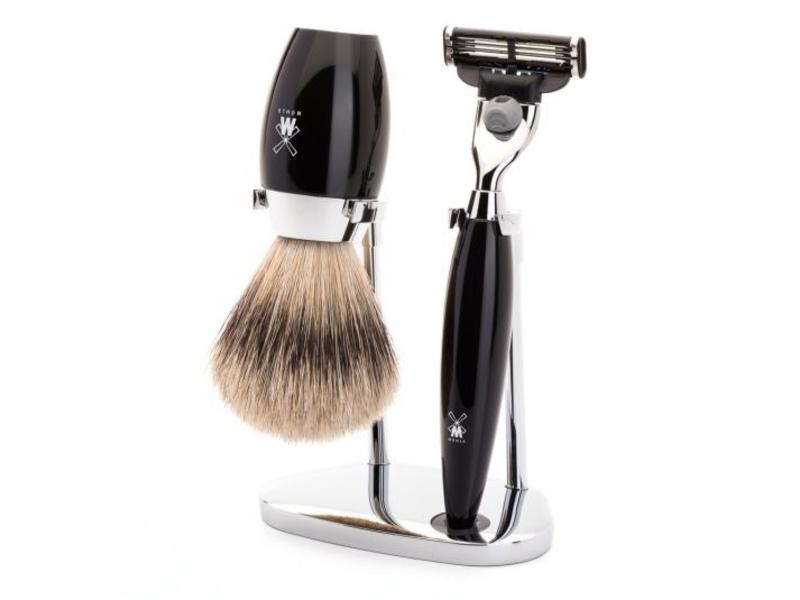 Muhle Kosmo scheerset in zwart edelhars - Gillette® Mach3® - kwast silvertip dassenhaar