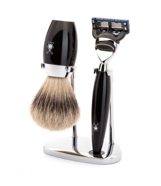 Muhle Kosmo scheerset in zwart edelhars - Gillette® Fusion5™ - kwast silvertip dassenhaar