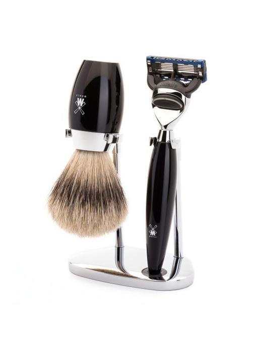 Muhle Kosmo scheerset in zwart edelhars - Gillette® Fusion5™ - kwast silvertip dassenhaar