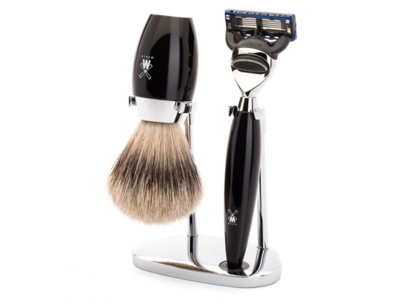 Muhle Kosmo scheerset in zwart edelhars - Gillette® Fusion5™ - kwast silvertip dassenhaar