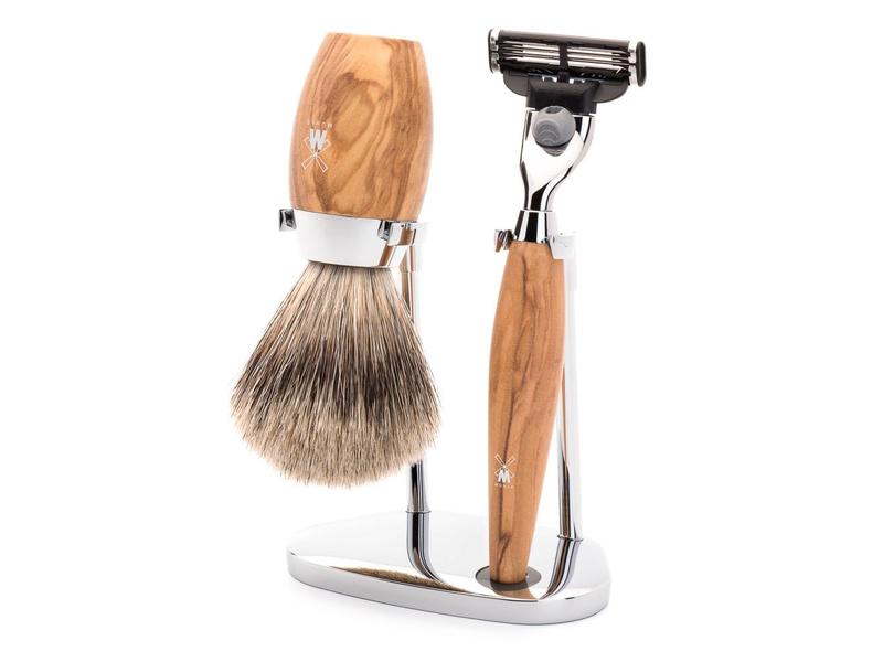 Muhle Kosmo scheerset in olijfhout - Gillette® Mach3® - kwast silvertip dassenhaar