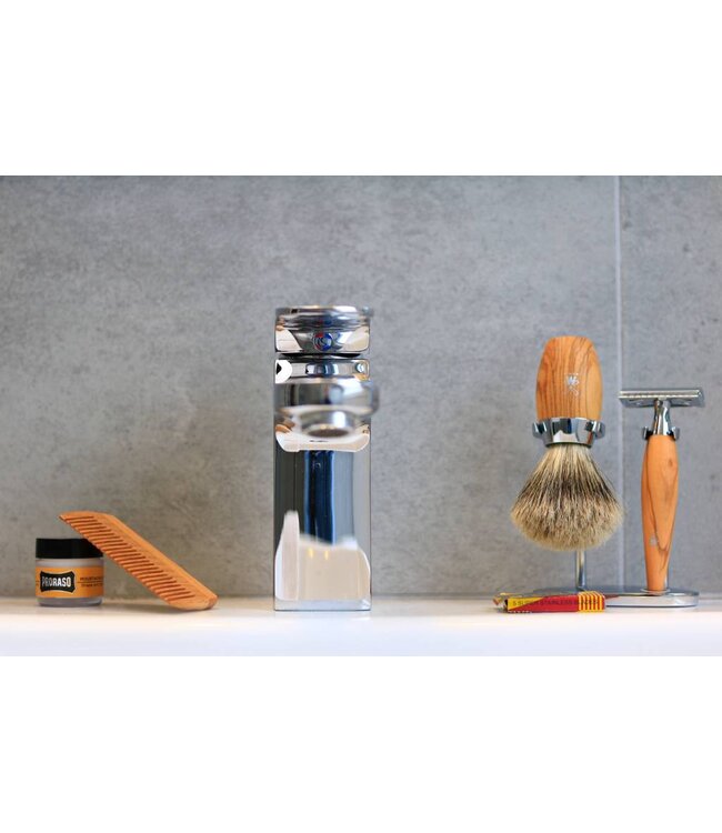 Muhle Kosmo scheerset in olijfhout - safety razor - kwast silvertip dassenhaar