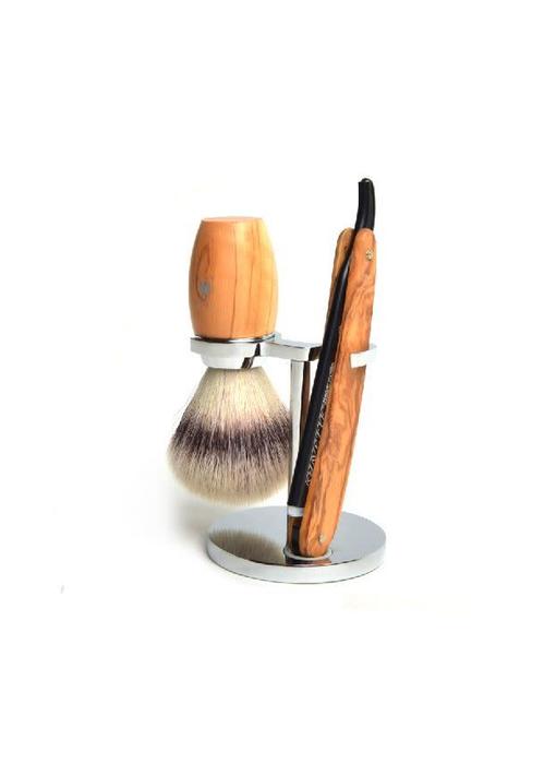 De Messenwinkel scheerset in olijfhout - shavette - kwast silvertip fibre