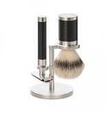 Muhle Rocca scheerset in zwart/zilver rvs - safety razor- kwast silvertip fibre