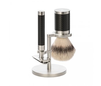 Muhle Rocca scheerset in zwart/zilver rvs - safety razor- kwast silvertip fibre