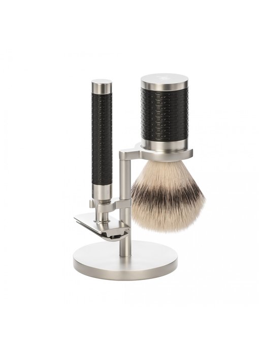 Muhle Rocca scheerset in zwart/zilver rvs - safety razor- kwast silvertip fibre