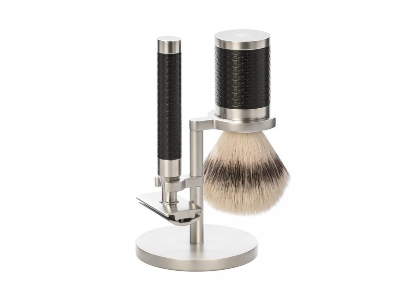 Muhle Rocca scheerset in zwart/zilver rvs - safety razor- kwast silvertip fibre