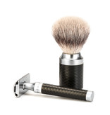 Muhle Rocca scheerset in zwart/zilver rvs - safety razor- kwast silvertip fibre