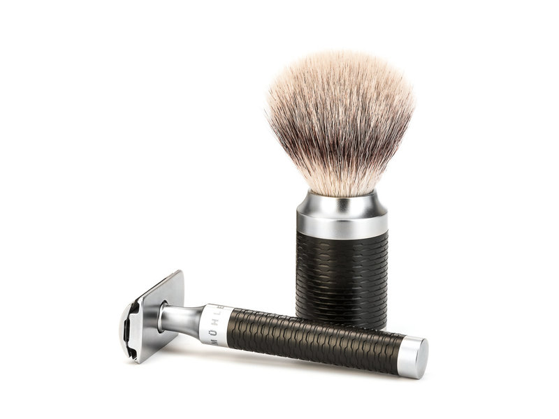 Muhle Rocca scheerset in zwart/zilver rvs - safety razor- kwast silvertip fibre