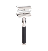 Muhle Rocca scheerset in zwart/zilver rvs - safety razor- kwast silvertip fibre