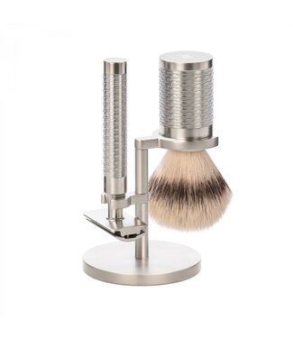 Muhle Rocca scheerset in zilver rvs - safety razor - kwast silvertip fibre