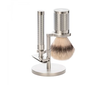 Muhle Rocca scheerset in zilver rvs - safety razor - kwast silvertip fibre