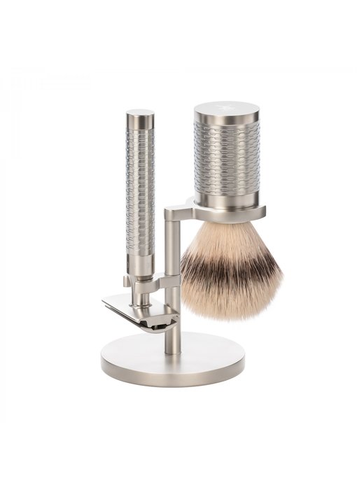 Muhle Rocca scheerset in zilver rvs - safety razor - kwast silvertip fibre