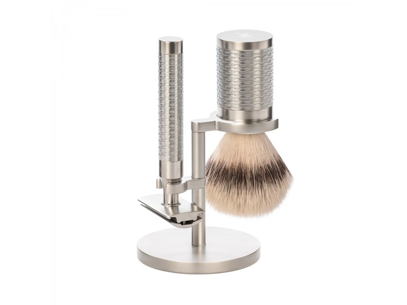 Muhle Rocca scheerset in zilver rvs - safety razor - kwast silvertip fibre