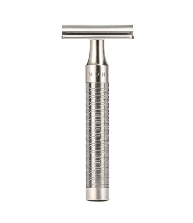 Muhle Rocca scheerset in zilver rvs - safety razor - kwast silvertip fibre