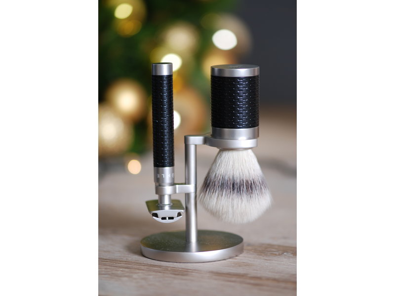 Muhle Rocca scheerset in zwart/zilver rvs - safety razor- kwast silvertip fibre