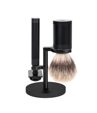 Muhle Rocca scheerset in zwart rvs - safety razor - kwast silvertip fibre