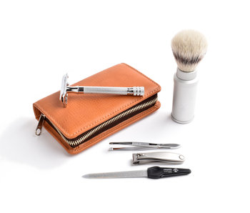 De Messenwinkel reisscheerset in etui buffelleder cognac - safety razor - silvertip fibre