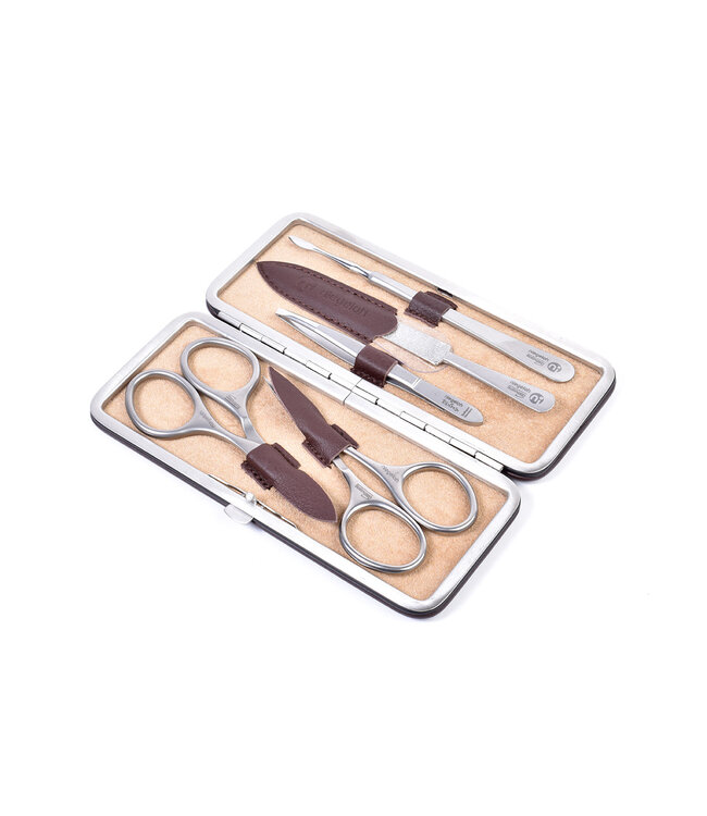 Niegeloh 5-delig etui (hardcase) met 2 scharen - bruin nappaleer