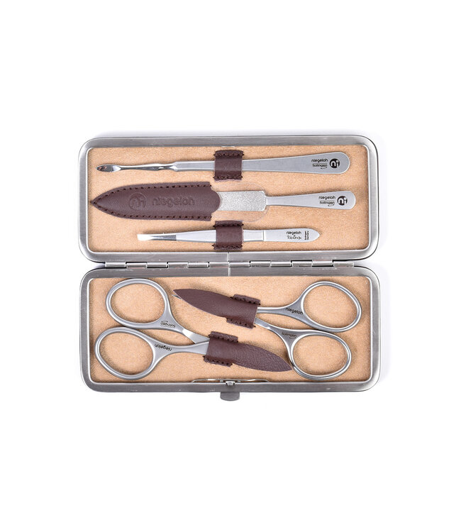 Niegeloh 5-delig etui (hardcase) met 2 scharen - bruin nappaleer