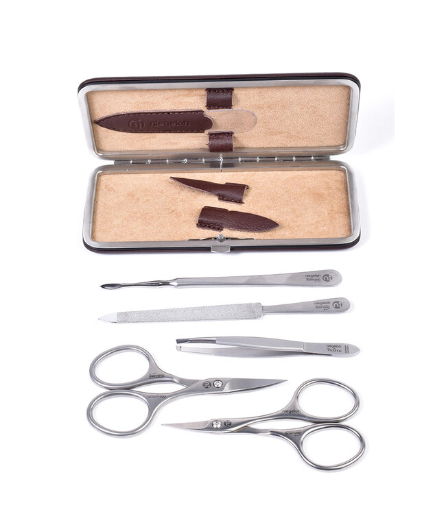 Niegeloh 5-delig etui (hardcase) met 2 scharen - bruin nappaleer